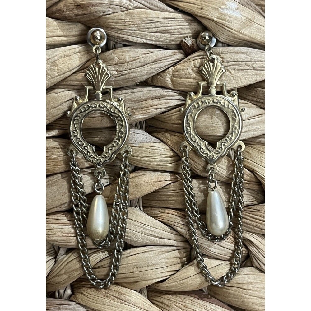 Vtg Filagree Victorian Art Nouveau Style Ornate Pendulum Pearl Dangle Earrings